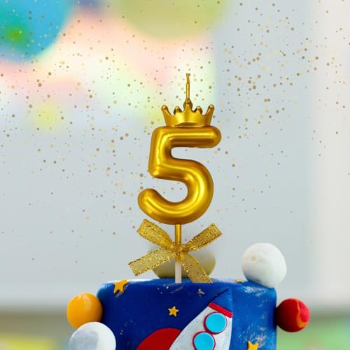 Image of KITTER 1 Pc 5 Number Candle for Birthday Cake, Five Number Crown Candle Metallic Gold Number 5th Birthday Cake Decoration, Num BER Candles for Anniversary Cake Topper 0-9 (Pack of 1)