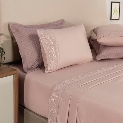 Jogo de Lençol 4 peças Percal 300 Fios Fronhas Bordado Elegante L...