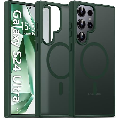 Image of Oterkin Magnetic for Samsung Galaxy S24 Ultra Case Matte, S24 Ultra Phone Case Compatible with MagSafe Frosted Translucent Shockproof Anti-Scratch Slim Fit Case Military Grade Protection (Dark Green)