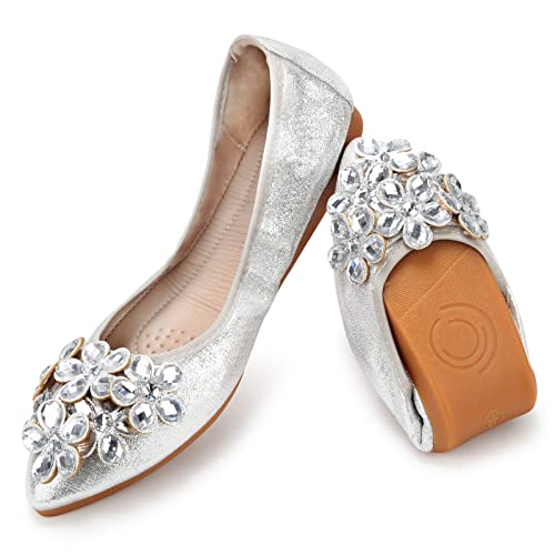 Women's Ballet Flats Rhinestone Soft Wedding Ballerina Shoes Foldable Sparkly Dress Comfort Slip on Flat Shoes