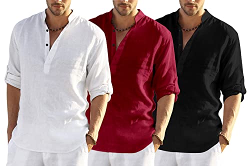 Image of Men's Cotton Blend Combo Short Kurta with Mandarin Collar Neck Full Sleeves Solid Pattern Curved Hemline Regular Fit and Standard Length (Pack of 3)