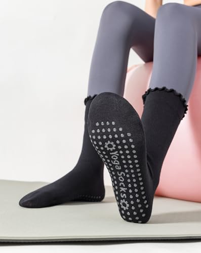 Yawlsow 4 Pairs Pilates Grip Socks for Women Cute Ruffle Frilly Yoga Socks Non Slip Cotton Crew Sports Sock for Barre Workout4