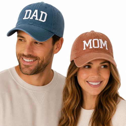 Image of Mom Dad Embroidered Baseball Caps Set of 2 Adjustable Couples Cotton Hats | Soft cotton matching caps with premium embroidery and adjustable fit, perfect for couples, parents, family photos and gifts.