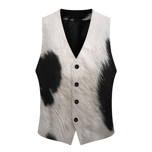 Black And White Cow Skin Men's Suit Vest Slim Fit V-Ncek Waistcoat Business Casual Vest4