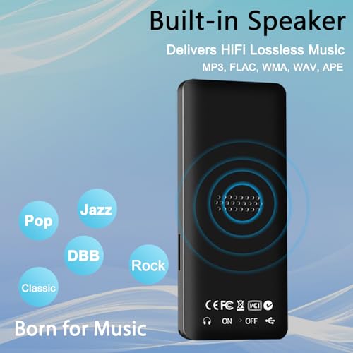 64GB MP3 Player with Bluetooth, Portable HiFi Lossless MP3 Music Players with Speaker, All-in-one Media Player with Video/FM Raido/Recorder/Alarm Clock, Up to 128GB Extension, Supports Random Playback
