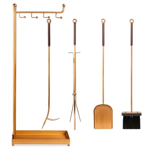 Best Choice Products 5-Piece Modern Contemporary Fireplace Tool Set for Indoor Fireplace Décor, Outdoor Fire Pit w/Poker, Tongs, Dust Pan Shovel, Brush, Ergonomic Handles - Antique Gold