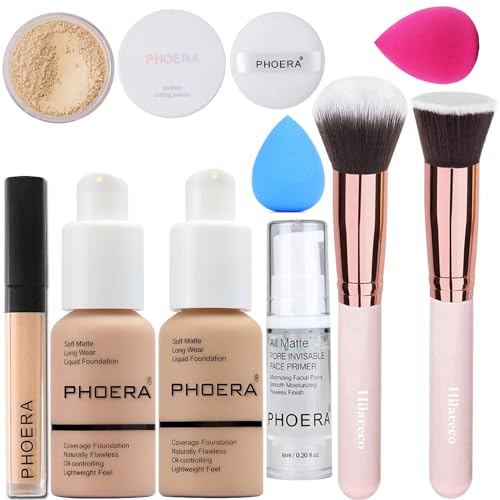PHOERA Foundation,PHOERA Concealer,PHOERA Makeup Foundation Full Coverage Up to 24 Hour Fresh Wear with Matte Finish,PHOERA Primer,PHOERA Powder (103 Warm peach+104 Buff Beige)