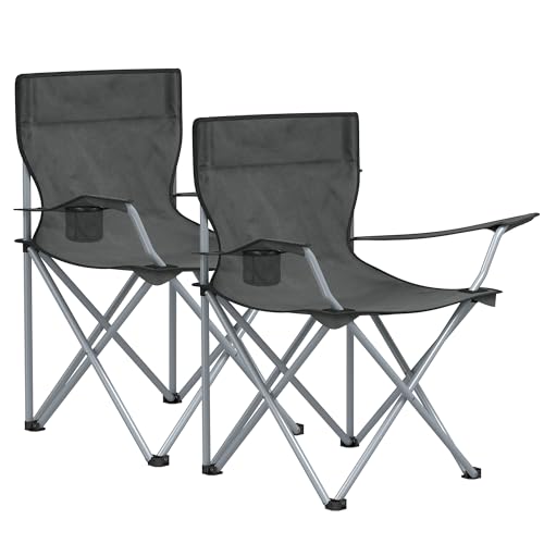 SONGMICS Folding Camping Chairs, Set of 2 Outdoor Chairs, with Armrests, Cup Holder, Portable, 265 lb Capacity, for Camping, Garden, Fishing, Beach, Balcony, Slate Gray UGCB001G11 by SONGMICS - Used condition - CA$44.36