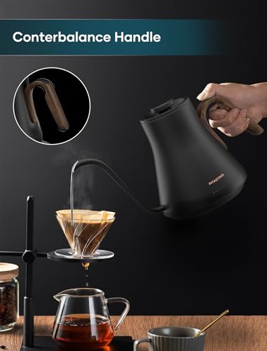Image of INTASTING Gooseneck Electric Kettle with ±1℉ Temperature Control for Pour Over Coffee & Tea, Quick Heating, BPA-Free Stainless Steel, Built-in Brew Timer, 1500W /0.9L (Black Walnut)