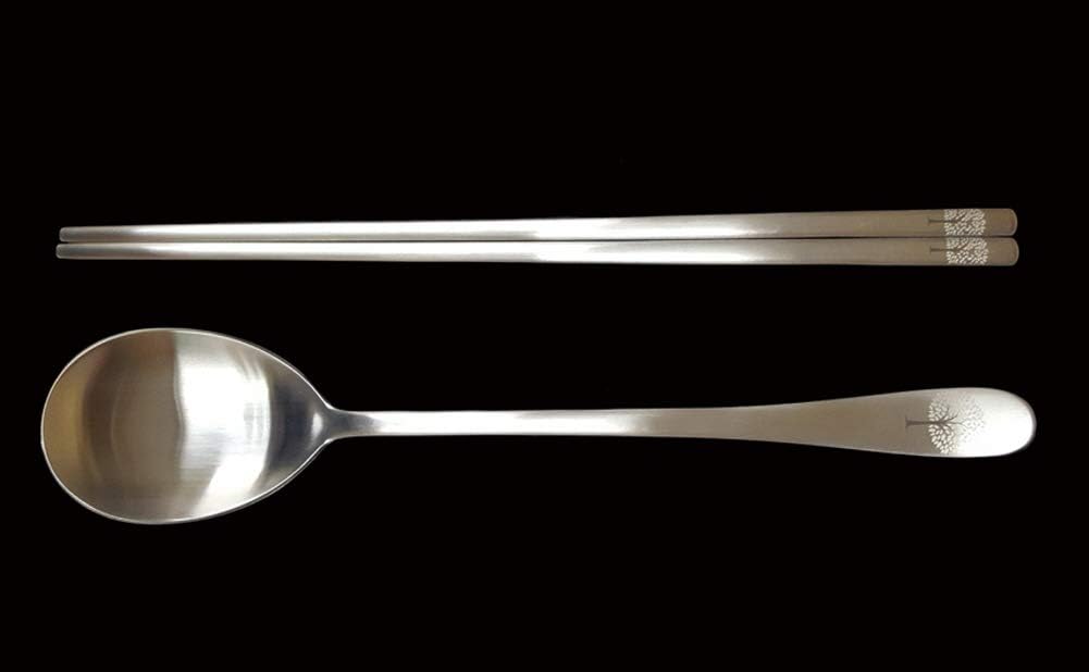 [5 Sets] [Made in Korea] Korean Sticky Rice Spoon Chopsticks Set Gold Titanium Plating 304 Stainless Steel Tableware Cutlery Set Mukbang Chopsticks (Willow Tree, 5 Sets)