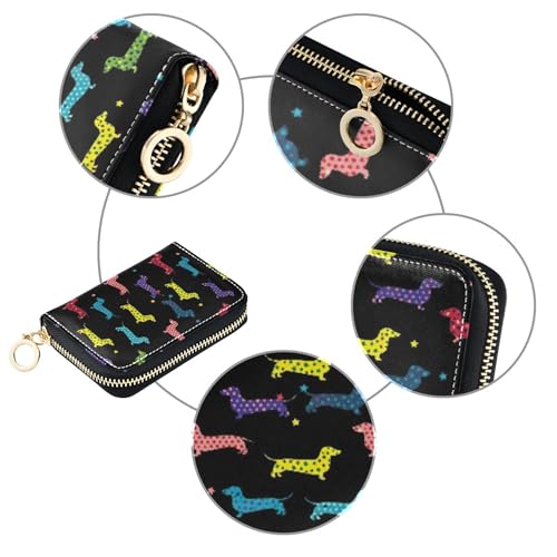 Cute Card Holder RFID Blocking Wallet Womens Small Leather Zipper Wallet with Coin Pocket Colorful Dachshund Polka Dots Black4