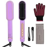 Negative Ionic Hair Straightener Brush with 9 Temp Settings, 30s Fast Heating Hair Straightening Comb with LED Display, Anti-Scald & Auto-Shut Off Hair Brush Straightener for Women (Purple)