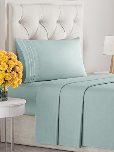 Image of Twin XL Size 3 Piece Sheet Set - Ultra Soft & Cooling Sheets - Light Teal | Fits 8 Inch to 16 inch Mattress, Wrinkle Free & Fade Resistant with Deep Pockets, Breathable, Comfy Hotel Luxury Bedding