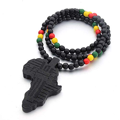 Hip-Hop Natural Wood African Map Pendant 8MM Wooden Bead Chain Rosary Necklaces for Men Women-Brown African Map2