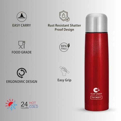 Image of Clay Craft VACBOTT Terra Double Walled 18 Hours Hot and 24 Hours Cold Water Bottle-500ML, 2-Piece(Red) Leak Proof|Easy to Carry|Gym Bottle|Home|Kitchen|Hiking|Travel Bottle|BIS Certified