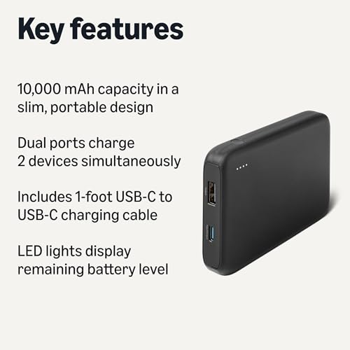 Image of Amazon Basics Slim Portable Charger Power Bank with LED Display, 10,000 mAh, Black
