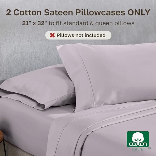Image of California Design Den Standard Queen Size Pillowcase Set - 400 Thread Count, 100% Cotton Sateen, Set of 2 Pillow Covers, Soft and Breathable - Dusky Lavender Grey