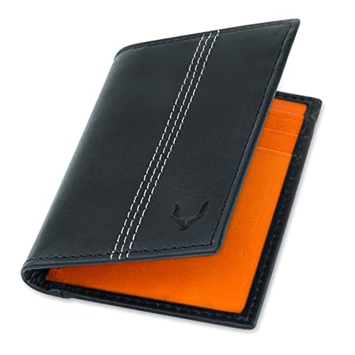 PELLE TORO Minifold Leather Credit Card Holder Wallet for Men, Thin RFID Blocking Contactless Card Protector, Handmade Minimalist Slim Wallet in Mens Gift Box, Black & Orange