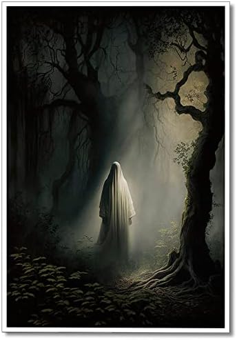 YanmeiART Vintage Ghost in the Forest by Moonlight Poster Nostalgia Halloween Canvas Wall Art Spooky Horror Print Painting Retro Ghost Dark Academia Room Wall Decor Picture for Bedroom 16x24in Unframed