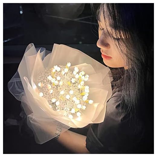 Ramo de Tulipanes con Tira de Luz, Exquisito Ramo de Tulipanes Artificiales que Brilla Intensamente con Tira de Luz, Colores Vibrantes, Artesanía de Bricolaje, Hermosos Tulipanes, (20 flores)