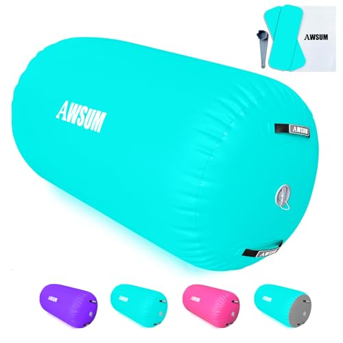 AWSUM 4ft L x 2.5ft Diam Gymnastics Barrel Air Roller Inflatable Tumbling Mat Back Handspring Trainer for Octagon Mat Gym Gymnastics Equipment，No Electric Pump Mint Green