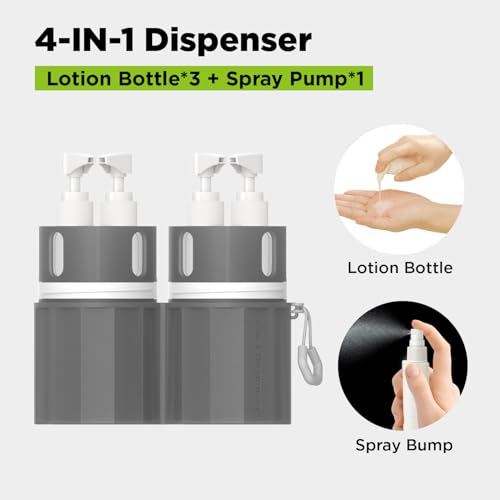 4 in 1 Travel Toiletry Containers,TSA Approved Refillable Travel Size Toiletries Bottles Set with Suction Cup for Smooth Walls - for Shampoo,Conditioner,Body Wash,Lotion.(Grey)4