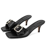 Dsevht Black Kitten Heel Sandals Stiletto Low Short Heels Slip On Slides Mule Sandal Square Open Toe Summer Dress Shoes for Women