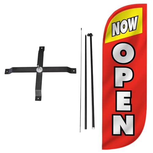 Image of LookOurWay Feather Flag Set - 5ft Tall Advertising Banner Flag with Pole Kit and X-Stand for Business Promotion - Now Open Red /Yellow