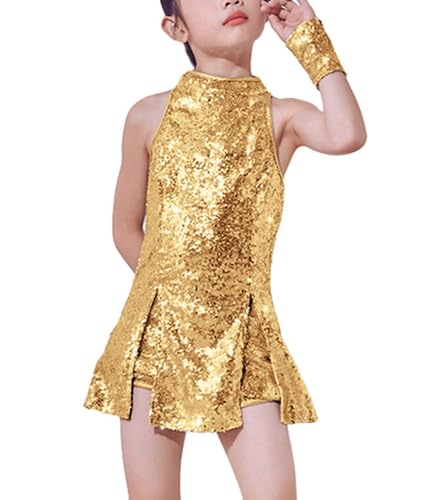 LOLANTA Costume de Danse de Paillettes de Filles Vêtements de Danse Hip hop Tenue de Danse Scintillante, Or, 8-9 Ans, 140