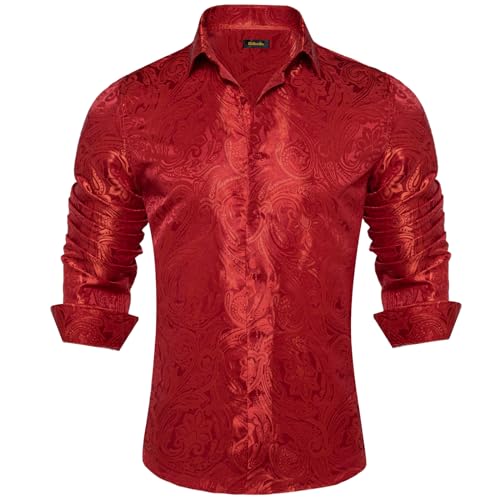 DiBanGu Silk Paisley Dress Shirts for Men Long Sleeve Button Down Shirt Casual Regular Fit Mens Shirts Wedding Party