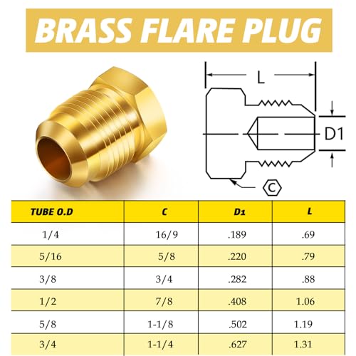 MorningRo 6 Pcs Brass Flare Plug SAE 45 Degree Flare Tube Fitting Seal Plugs 6 Pcs Brass Cap Assortment Kits for 1/4\" 5/16\" 3/8\" 1/2\" 5/8\" 3/4\" Tube OD 6 Sizes Set - Thumbnail 2