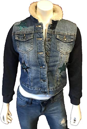 VIGOSS Jeans Girl's Faux Sherpa Lined Button Down Denim Jacket (14, Denim Blue Star)