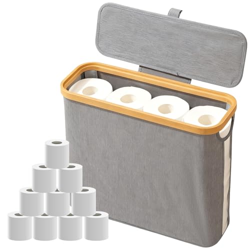 Toilet Roll Storage, Portable Toilet Paper Storage with Lid, Foldable Organizer Basket for 12 Pcs Rolls With Handle, Waterproof Free Standing Holder For Bathroom(Gray)