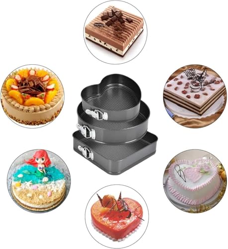 MOMENT Springform Pans Cake Bake Mould, Set of 3(Heart 9 inch, Round 10 inch and Square Shape 11 inch) Non-Stick Quick-Release Cake Tin Bake Bread Loaf Pan Baking Tray with Loose Base, Black