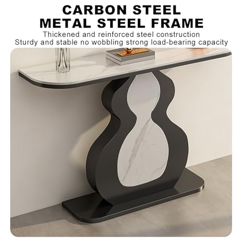 Mesa de sofá estrecha y larga con tapa de mármol y patas de metal negro para salón 5