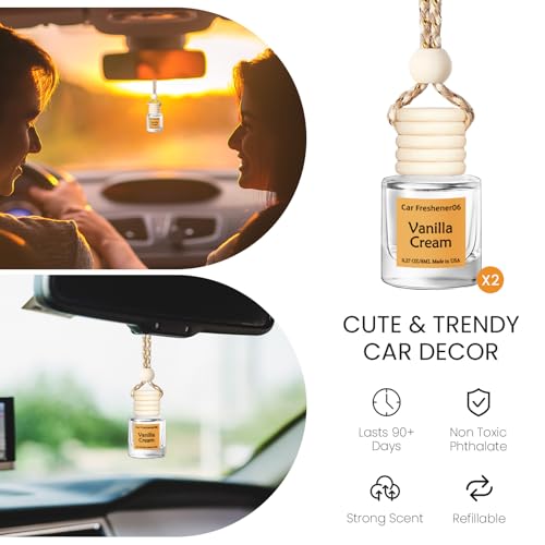 Image of Hanging Car Air Freshener, Long Lasting Essential Oil Diffuser, Non-Toxic Vanilla Cream Scent, Cute Car Fresheners for Women, 2 Pack Made in USA