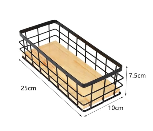 Ruikcoll Drahtkorb,Metallkorb Schwarz Dekokörbe Haushalt Wandkorb Metall Badezimmer Aufbewahrungskorb Korb Metall Abnehmbarer Holzsockel für Obst Snacks Küche Speisekammer(2 Stück)