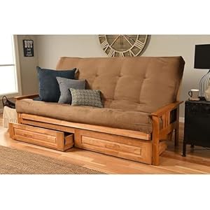 Farmhouse fresh contemporary futon frame polyester upholstery fabric queen butternut finish suede peat mattress storage drawers  urban country home decor