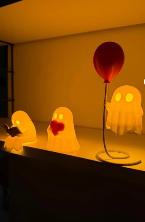 HOUSETREND 3'lü Set Beyaz LED Hayalet Biblo, Dekoratif Masa Üstü Lamba, Okuyan-Kalpli-Balonlu Tasarım