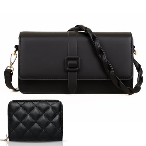 sea tear – Bolso mujer bandolera pequeño negro con cartera a juego | diseño elegante y moderno | doble correa (122 cm cruzada + trenzada 70 cm) | ideal para diario, fiesta, trabajo y viaje