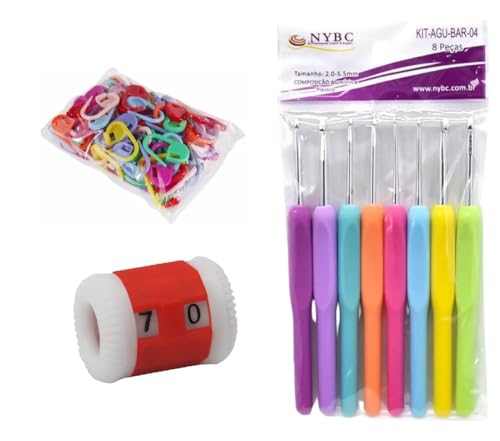 Kit Crochê Completo 8 Agulhas Cabo Emborrachado + 100 Marcadores de Ponto Newz + Contador Manual Vermelho Tricô Amigurumi Artesanato