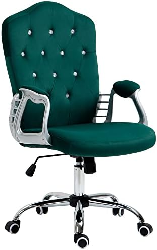 Vinsetto Home Office Chair, Velvet Computer Chair, Button Tufted Desk Chair with Swivel Wheels, Adjustable Height, and Tilt Function, Dark Green