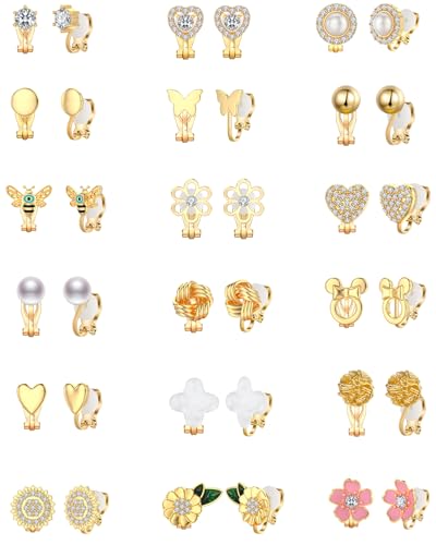 18 Pairs Gold/Silver Clip on Earrings for Women Teens Girls Hypoallergenic Non Pierced Earrings Cute Clip on Earrings Set Faux Pearl Heart Flower Love Knot CZ Clip on Stud Earrings Jewelry Gifts