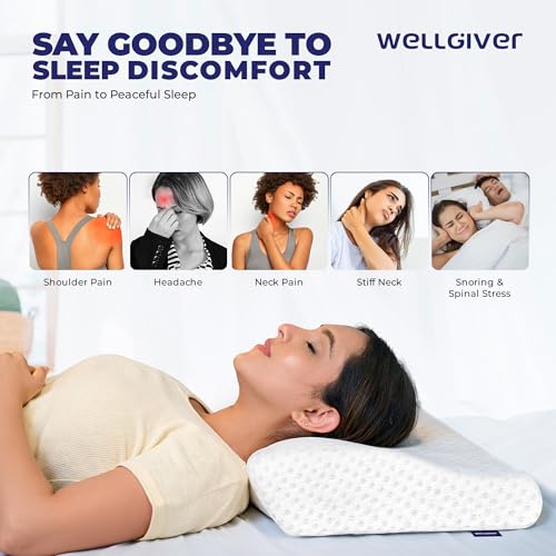 Image of WELLGIVER Cervical Memory Foam Pillow for Neck Pain | 2 Year Warranty | 19 x 11 x 4 Inch Standard | Orthopedic Pillow Spondylitis Neck & Shoulder Pain | Washable Jacquard White Cover | Pack of 1