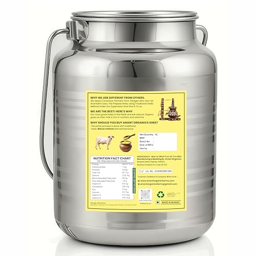 Image of Anant Organics A2 Desi Cow Ghee | Vedic Bilona Method | Grass-Fed | 100% Pure & Natural Ghee Glass Bottle 5L