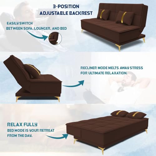 Image of Adorn India Premium New Alyssum 3 Seater Sofa Cum Bed 4X6 Velvet Suede with 2 Cushions (Color Brown) and Suitable for All Indoor, with 3 Years Warranty