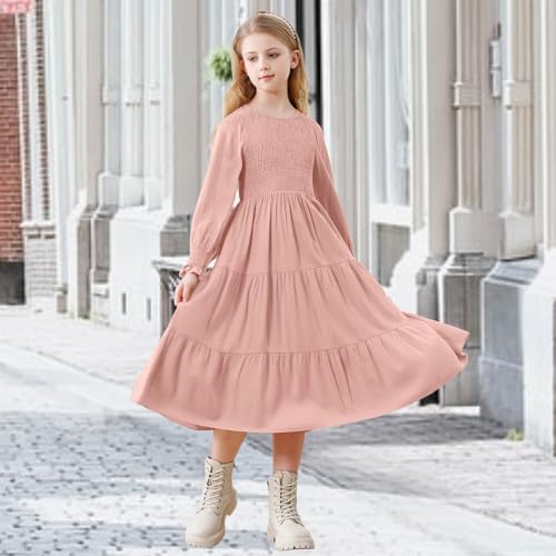 Girls Dresses Casual Long Sleeve Dresses for Girls Fall Winter High Waist Smocked Flowy Tiered Midi Party Girls Dress2