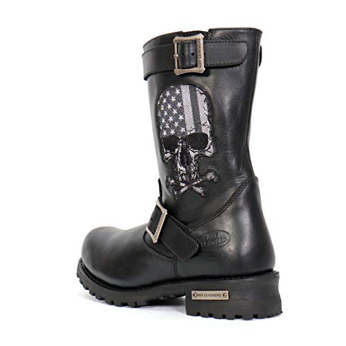 Image of Hot Leathers BTM1018 Men's Black Tall Harness Flag Skull Boot with Round Toe - 7