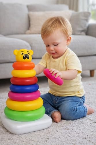 Image of Pyramid 7 Ring Stacking Toy for Babies with Bear Topper | Colorful Rainbow Rings | Educational Learning Toy for Kids 1-3 Years | Includes 1 Stacking Base, 7 Rings, 1 Bear Topper