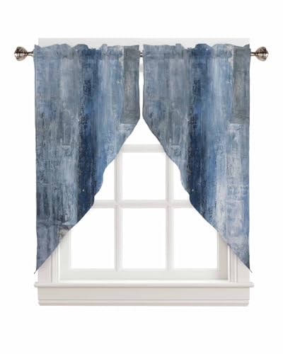 Hsqirky Rustic Blue Swag Curtains for Living Room/Bedroom, Oil Painting Abstract Geometric Swag Kitchen Curtain Valances for Windows, Blue Grey Tier Topper Scalloped Curtain 2 Panels, 72" W x 45" L